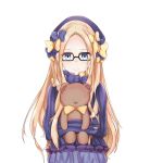  1girl abigail_williams_(fate/grand_order) alternate_hairstyle bangs bespectacled black-framed_eyewear black_bow black_dress black_hat blonde_hair bloomers blue_bloomers blue_eyes bow bug butterfly catxian closed_mouth commentary_request dress fate/grand_order fate_(series) forehead glasses hair_bow hat highres insect long_hair long_sleeves looking_at_viewer object_hug orange_bow parted_bangs polka_dot polka_dot_bow simple_background sleeves_past_fingers sleeves_past_wrists smile solo stuffed_animal stuffed_toy teddy_bear twintails underwear very_long_hair white_background 