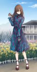  1girl absurdres bangs bare_tree black_bow blue_dress blurry bow brown_eyes brown_hair cloud commentary_request depth_of_field dress floral_print flower full_body highres idolmaster idolmaster_cinderella_girls loafers long_hair long_sleeves looking_at_viewer mansion mizumoto_yukari outdoors parted_lips shoes sky smile solo standing toshio tree tulip 