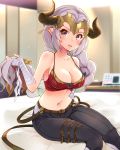  1girl absurdres aliza_(granblue_fantasy) arm_at_side bandage bandaged_arm bandages bedroom black_pants blurry blush braid breasts cleavage collarbone depth_of_field draph earrings granblue_fantasy hair_pulled_back highres horns indoors jewelry large_breasts long_hair looking_at_viewer midriff on_bed open_mouth pants pink_lips pointy_ears sarfata silver_hair single_braid sitting skindentation solo stomach tank_top very_long_hair 
