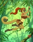  2019 anklet anthro breasts cleavage clothed clothing dipstick_tail fangs female fern flower fur hair jewelry jungle kacey kinkajou knife long_hair mammal midriff multicolored_tail navel necklace open_mouth open_smile pink_nose plant ponytail procyonid red_hair smile solo swinging tan_fur tribal vines 