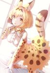  1girl :p absurdres animal_ear_fluff animal_ears animal_ears_(artist) bare_shoulders blonde_hair blush boots bow bowtie center_frills commentary_request elbow_gloves eyebrows_visible_through_hair gloves high-waist_skirt highres kemono_friends kneeling multicolored_hair on_bed paw_pose print_gloves print_legwear print_neckwear print_skirt serval_(kemono_friends) serval_ears serval_print serval_tail short_hair skirt sleeveless solo tail thighhighs tongue tongue_out yellow_eyes zettai_ryouiki 