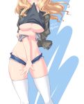  1girl arm_grab black_shirt blonde_hair blue_shorts blush breast_hold breasts brown_jacket closed_mouth commentary commentary_request covering covering_crotch cutoffs dated denim denim_shorts facing_viewer girls_und_panzer groin head_out_of_frame highres jacket kay_(girls_und_panzer) kuzuryuu_kennosuke lifted_by_self long_hair meat_day micro_shorts military military_uniform mouth_hold no_bra open_clothes open_jacket partial_commentary pulled_by_self saunders_military_uniform shirt shirt_in_mouth shirt_lift shorts shorts_pull skindentation sleeves_rolled_up smile solo standing thighhighs thighs twitter_username uniform white_background white_legwear 