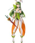  1girl animal_ears bangs breasts bunny_tail carrot choker collarbone fake_animal_ears fire_emblem fire_emblem:_monshou_no_nazo fire_emblem_heroes flower food full_body gloves green_eyes green_footwear green_hair hair_ornament hand_on_own_cheek hand_up headband high_heels highres holding leotard long_hair looking_at_viewer mayo_(becky2006) medium_breasts nintendo official_art open_mouth pantyhose paola pom_pom_(clothes) see-through shiny shiny_hair sleeveless smile solo standing tail transparent_background white_gloves 