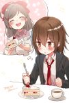  2girls blazer brown_eyes brown_hair cake chestnut_mouth cup dated food fork hair_bobbles hair_ornament hairclip jacket kantai_collection kappougi koruri long_hair mamiya_(kantai_collection) multiple_girls necktie open_mouth red_neckwear round_teeth short_hair smile strawberry_shortcake table teacup teeth twitter_username upper_body upper_teeth wakaba_(kantai_collection) 