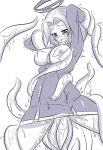  1girl arms_up breasts dress greyscale guin_guin hair_intakes kantai_collection large_breasts mechanical_halo medium_breasts monochrome nipples open_mouth pussy_juice solo tatsuta_(kantai_collection) tears tentacle tentacle_sex tentacles torn_clothes trembling 