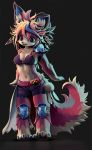  2018 anthro armor arrow belt black_background blue_eyes bra breasts canid canine canis chair cheek_tuft cleavage clothed clothing domestic_dog female full_bokko_heroes_x fullbokko_heroes fur hair jabberwock_(full_bokko_heroes_x) jabberwock_(fullbokko_heroes) kemono key_chain looking_at_viewer lyc mammal multicolored_hair navel pink_fur shorts simple_background smile solo star_eyes tuft underwear white_fur 