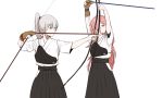  2girls archery arrow bow_(weapon) character_request girls_frontline gloves hakama highres huqu iws-2000_(girls_frontline) japanese_clothes kyuudou long_hair multiple_girls muneate orange_eyes orange_hair ponytail silver_hair single_glove tied_hair weapon white_background 