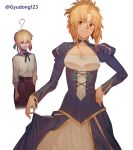  2girls @ ahoge alternate_costume artist_name artoria_pendragon_(all) blonde_hair blue_dress blue_neckwear blush braid breasts cleavage_cutout collarbone commentary_request cutout dress eyebrows_visible_through_hair fate/grand_order fate_(series) green_eyes gyudong123 hair_ornament hair_ribbon highres long_hair long_sleeves looking_at_viewer mordred_(fate) mordred_(fate)_(all) multiple_girls ponytail puffy_sleeves ribbon saber shaded_face shirt short_hair small_breasts smile white_shirt yellow_eyes 