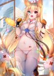  1girl absurdres animal_ears barcode_tattoo blonde_hair blue_eyes breasts cameltoe chixiao cleavage fang g41_(girls_frontline) girls_frontline gloves hat heterochromia highres long_hair looking_at_viewer lowleg lowleg_panties navel nurse_cap open_mouth panties paw_pose red_eyes small_breasts solo tattoo thighhighs underwear 