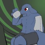  2014 alien athletic beverage boxers_(clothing) canid canine clothed clothing coffee digital_media_(artwork) drinking fluffy fluffy_ears fluffy_tail inside kappi lagotrope long_ears looking_aside male mammal neumono portrait red_eyes sitting solo three-quarter_portrait topless underwear 