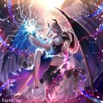  1girl black_gloves breasts cleavage company_name demon_wings flower full_body gloves highres horns kazari_tayu large_breasts legs_crossed long_hair magic official_art parted_lips purple_eyes silver_hair single_glove sitting solo thighlet very_long_hair watermark wings 