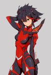  1girl arm_at_side arm_up bangs black_eyes black_hair blush covered_navel crossover grey_background hair_between_eyes hand_behind_head highres kill_la_kill matoi_ryuuko multicolored multicolored_hair navel neon_genesis_evangelion plugsuit red_hair senketsu short_hair simple_background smile solo standing tight turtleneck yume_ou 