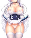  1girl apron azur_lane belfast_(azur_lane) breasts chains cleavage collar corset frilled_apron frilled_gloves frills garter_straps gloves kisaragi_mic large_breasts maid maid_apron out_of_frame panties see-through silver_hair skirt skirt_lift thighhighs thighs underwear waist_apron white_apron white_gloves 