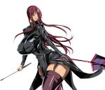 absurdres ass black_suit breasts curvy highres huge_ass huge_breasts latex long_breasts red_hair sagging_breasts sword thick weapon yellow_eyes 