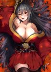  1girl ahoge arm_behind_head armpits autumn_leaves azur_lane bangs bare_shoulders black_hair blush breasts cleavage collarbone crossed_bangs eyebrows_visible_through_hair hair_between_eyes highres huge_breasts japanese_clothes kanzaki_kureha kimono large_breasts long_hair looking_at_viewer lying mask mask_on_head obi off_shoulder on_back open_mouth red_eyes red_kimono sash sidelocks smile solo taihou_(azur_lane) twintails very_long_hair 