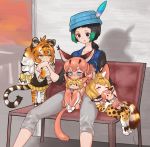  4girls :&lt; =3 ^_^ animal_ear_fluff animal_ears animal_print bench biting black_eyes black_hair black_shirt black_vest blonde_hair blue_eyes blue_vest blush bow caracal_(kemono_friends) caracal_ears caracal_tail character_doll chibi closed_eyes collarbone commentary_request doll_hug ear_blush elbow_gloves extra_ears eyes_closed fang gloves gradient_hair green_eyes green_hair grey_pants hair_bow hat hat_feather highres kemono_friends kyururu_(kemono_friends) long_hair long_sleeves low_ponytail minigirl multicolored_hair multiple_girls nose_blush notora older orange_hair pants paws pleated_skirt print_gloves print_legwear print_skirt serval_(kemono_friends) serval_ears serval_print serval_tail shirt short_hair short_ponytail siberian_tiger_(kemono_friends) sitting sitting_on_lap sitting_on_person skirt sparkle striped_tail sweat sweating_profusely tail thighhighs tiger_ears tiger_print tiger_tail vest white_hair yellow_bow 