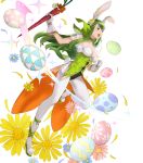  1girl animal_ears bangs breasts bunny_ears bunny_tail carrot choker fake_animal_ears fire_emblem fire_emblem:_monshou_no_nazo fire_emblem_heroes food full_body gloves green_eyes green_footwear green_hair hair_ornament headband high_heels highres holding leg_up leotard long_hair mayo_(becky2006) medium_breasts nintendo official_art pantyhose paola pom_pom_(clothes) see-through sleeveless solo tail transparent_background white_gloves 