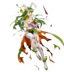  1girl animal_ears bangs bare_shoulders breasts bunny_ears bunny_tail choker dirty_clothes fingernails fire_emblem fire_emblem:_monshou_no_nazo fire_emblem_heroes flower gloves green_eyes green_footwear green_hair hair_ornament headband high_heels highres leotard long_hair mayo_(becky2006) medium_breasts nintendo official_art open_mouth pantyhose paola petals pom_pom_(clothes) see-through shiny shiny_hair sleeveless solo tail torn_clothes torn_gloves transparent_background 
