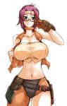  1girl breasts glasses haganef huge_breasts looking_at_viewer midriff purple_hair smile solo 