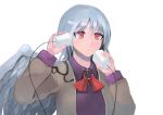 1girl bangs blush brooch cup disposable_cup dress feathered_wings grey_jacket hands_up holding holding_cup ichiba_youichi jacket jewelry kishin_sagume long_sleeves neck_ribbon purple_dress red_eyes red_neckwear red_ribbon ribbon short_hair silver_hair simple_background single_wing solo string string_phone touhou upper_body white_background white_wings wings 