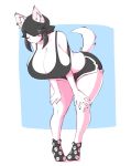  2019 anthro big_breasts black_hair blush blush_stickers breasts canid canine canis cleavage clothed clothing domestic_dog ear_piercing eyes_closed female hair hair_over_eye hi_res huge_breasts legwear maggie_applebee mammal piercing short_hair socks solo theycallhimcake 