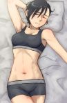  1girl abs arm_behind_head black_bra black_panties boyshorts bra breasts cleavage eyes_closed gundam gundam_wing itou_katsumi lying medium_breasts navel on_back panties pillow short_hair solo sports_bra underwear underwear_only 