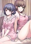  2girls bare_arms bare_shoulders between_legs blue_hair boyshorts breasts brown_hair camisole cleavage closed_mouth collarbone commentary_request couch domestic_na_kanojo dress frilled_dress frills green_eyes hand_on_own_chest hand_up hoshimaemi indoors knees_up large_breasts long_hair long_sleeves looking_at_viewer multiple_girls on_couch pink_dress pink_shirt red_eyes shirt short_hair short_shorts shorts sidelocks sitting sleeveless tachibana_hina tachibana_rui thighs v_arms wariza white_shorts 