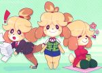  2019 animal_crossing anthro black_nose blonde_hair blush blush_stickers breasts canid canine canis clothing dipstick_tail domestic_dog doshmobile eyes_closed female floppy_ears fur hair isabelle_(animal_crossing) legwear mammal multicolored_tail nintendo open_mouth rock smile suit tears video_games white_fur yellow_fur 