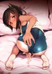  1girl all_fours ass barefoot bed blush brown_eyes brown_hair clothed_masturbation commentary_request cum cumdrip dark_skin feet fingering from_behind i-401_(kantai_collection) kantai_collection long_hair looking_back masturbation masturbation_through_clothing one-piece_swimsuit pillow ponytail presenting pulled_by_self school_swimsuit shiden_(sashimi_no_wife) shirt sleeveless sleeveless_shirt soles solo swimsuit swimsuit_pull tan tanline toes top-down_bottom-up white_shirt 