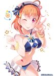  1girl ahoge arms_up bangs bikini bikini_skirt blush bracelet braid breasts clover_hair_ornament earrings food fruit hair_between_eyes hair_ornament hat heart jewelry kitahara_tomoe_(kitahara_koubou) looking_at_viewer love_live! love_live!_sunshine!! mandarin_orange mirai_no_bokura_wa_shitteru_yo navel one_eye_closed orange_hair red_eyes short_hair side_braid signature simple_background smile standing star swimsuit takami_chika tongue tongue_out v 