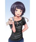  1girl :d arm_behind_back bangs bare_shoulders black_hair black_shirt blunt_bangs blush boku_no_hero_academia cable collarbone commentary_request denim flat_chest jeans jirou_kyouka looking_at_viewer open_mouth pants shirt short_hair short_sleeves simple_background smile solo sumire_river two-tone_background upper_teeth 
