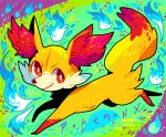  2013 abstract_background ambiguous_gender canid canine digital_media_(artwork) dipstick_tail fennekin feral fire fur inner_ear_fluff koolaid-girl mammal multicolored_tail nintendo pok&eacute;mon pok&eacute;mon_(species) signature smile solo video_games watermark 