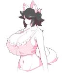  2018 anthro big_breasts black_hair blue_eyes blush breasts canid canine canis cleavage clothed clothing domestic_dog ear_piercing female hair hair_bow hair_over_eye hair_ribbon hi_res maggie_applebee mammal piercing ribbons short_hair simple_background solo theycallhimcake white_background 