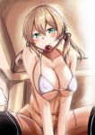  1girl alternate_costume anchor_hair_ornament bikini black_legwear blonde_hair blush breasts chan_(akuty_ikkot) closed_mouth condom condom_in_mouth eyebrows_visible_through_hair hair_between_eyes hair_ornament highres kantai_collection large_breasts micro_bikini mouth_hold navel prinz_eugen_(kantai_collection) solo swimsuit thighhighs twintails white_bikini 