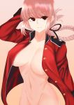  1girl absurdres bangs black_ribbon braid breasts buttons closed_mouth eyebrows_visible_through_hair fate/grand_order fate_(series) florence_nightingale_(fate/grand_order) folded_ponytail hair_ribbon hand_behind_head highres hip_focus jacket jikuyuki_(ysesst96262) large_breasts long_hair long_sleeves looking_at_viewer military_jacket naked_coat navel no_bra open_clothes open_jacket pink_background pink_hair red_eyes red_jacket ribbon sidelocks simple_background single_braid smile solo swept_bangs 