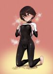  1girl absurdres aomushi_(mushamusha) barefoot blush bodystocking breasts feet girls_und_panzer highres isobe_noriko shirt shirt_lift short_hair small_breasts solo steam sweat zipper 