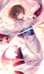  1girl bangs blue_eyes breasts brown_hair japanese_clothes kara_no_kyoukai katana kimono kousaki_rui long_sleeves looking_at_viewer obi parted_lips petals ryougi_shiki sash short_hair smile solo sword weapon white_kimono wide_sleeves 