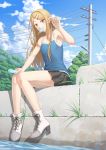  1girl anarchojs bare_legs blonde_hair camisole cloud dagashi_kashi ear_piercing endou_saya food full_body hair_ornament hairclip highres long_hair looking_at_viewer mouth_hold outdoors piercing pleated_skirt popsicle sitting skirt sky solo tree water yellow_eyes 