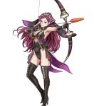  1girl animal_ears armpits arrow bangs black_gloves black_leotard boots bow_(weapon) breasts bunny_ears bunny_tail cleavage covered_navel earrings egg elbow_gloves fake_animal_ears fire_emblem fire_emblem_heroes flower full_body gloves hair_ornament high_heels highleg highleg_leotard highres holding holding_bow_(weapon) holding_weapon jewelry large_breasts leotard lips lipstick loki_(fire_emblem_heroes) long_hair makeup nintendo official_art parted_bangs petals purple_eyes purple_hair sleeveless smile solo standing tail thigh_boots thighhighs toshiyuki_kusakihara transparent_background weapon 