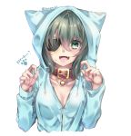  1girl alternate_costume animal_hood bell blush breasts cat_hood cleavage collar eyebrows_visible_through_hair eyepatch green_eyes green_hair hair_between_eyes hair_ornament hood kantai_collection kiso_(kantai_collection) open_mouth short_hair simple_background solo white_background yuihira_asu 