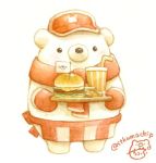  artist_name bear black_eyes blush cup drinking_straw flag food hamburger hat looking_at_viewer no_humans original polar_bear red_hat red_mittens signature st.kuma standing transparent_background twitter_username white_background 