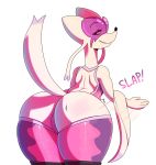  2019 absurd_res anthro bent_over big_butt big_ears black_nose butt clothed clothing english_text eyewear fur glasses half-closed_eyes hi_res legwear leotard light_fur long_tail looking_at_viewer looking_back mienshao motion_lines nintendo pink_clothing pok&eacute;mon pok&eacute;mon_(species) presenting presenting_hindquarters purple_clothing rear_view simple_background somescrub standing text thigh_highs video_games whiskers white_background white_fur 