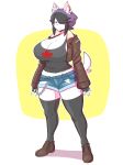  2019 absurd_res anthro big_breasts black_hair blue_eyes blush blush_stickers breasts canid canine canis cleavage clothed clothing domestic_dog female fingerless_gloves footwear gloves hair hair_over_eye hat hi_res jacket legwear maggie_applebee mammal midriff shirt shoes short_hair shorts smile solo tank_top theycallhimcake 