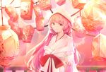  1girl absurdres bangs blush bow chinese_commentary collarbone commentary_request eyebrows_visible_through_hair girls_frontline gumengyao hair_between_eyes heart heart-shaped_pupils highres japanese_clothes kimono lantern long_hair long_sleeves looking_at_viewer ntw-20_(girls_frontline) oriental_umbrella paper_lantern pink_eyes pink_hair railing red_bow red_ribbon ribbon sidelocks smile solo symbol-shaped_pupils tsunokakushi uchikake umbrella very_long_hair wide_sleeves 