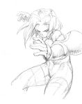  1girl bare_shoulders brass_knuckles breasts closed_mouth commentary_request final_fantasy final_fantasy_tactics gloves large_breasts looking_at_viewer momigara_(mmgrkmnk) monk_(fft) monochrome short_hair simple_background solo unitard weapon white_background 