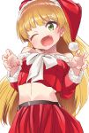  1girl ;d blonde_hair bow claw_pose crop_top fang fur-trimmed_shirt green_eyes hat head_tilt highres idolmaster idolmaster_cinderella_girls jougasaki_rika long_hair long_sleeves midriff off-shoulder_shirt off_shoulder one_eye_closed open_mouth red_hat red_shirt red_skirt santa_costume santa_hat shift_(waage) shirt skirt smile solo two_side_up very_long_hair white_bow 