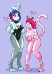  2018 ? anthro armband barefoot big_breasts blue_eyes blue_fur blue_hair blue_tail bow_tie breasts buckteeth bunny_costume claws cleavage clothed clothed/nude clothed_female_nude_female clothing collar confusion costume digital_drawing_(artwork) digital_media_(artwork) domestic_cat duo ear_piercing ear_ring eyebrows eyelashes eyeshadow featureless_breasts felid feline felis female floppy_ears fluffy fluffy_tail frown fur hair helixjack hi_res knock-kneed lagomorph legband long_ears looking_at_another looking_up makeup mammal mascara mew_(helixjack) multicolored_hair naked_collar navel nipple_outline nude paws piercing pigeon_toed pink_claws pink_eyeshadow pink_fur pink_hair pink_nose pink_tail rabbit red_eyes rubber shiny_fur short_hair short_tail simple_background slim small_waist standing surprise teeth wristband 