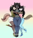  2019 anthro black_fur black_hair breasts brown_fur canid canine canis cleavage clothed clothing daughter eyes_closed fangs faye_fenrus female fur hair happy hug lonbluewolf luna_fenrus lunara_fenrus mammal mature_female mother mother_and_daughter multicolored_fur open_mouth parent soulblader teeth tongue two_tone_fur wolf 