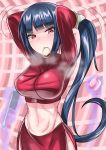  1girl bangs belly blue_hair breasts creatures_(company) eyebrows game_freak long_hair natsume_(pokemon) nintendo pokemon ponytail red_eyes skirt solo stomach tied_hair very_long_hair 