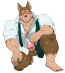  absurd_res balls blush bottomless canid canine canis clothed clothing cum doberman domestic_dog erection glowing glowing_eyes hi_res humanoid_penis male mammal muscular muscular_male necktie penis shirt subaru_aotk tokyo_afterschool_summoners video_games xolotl 
